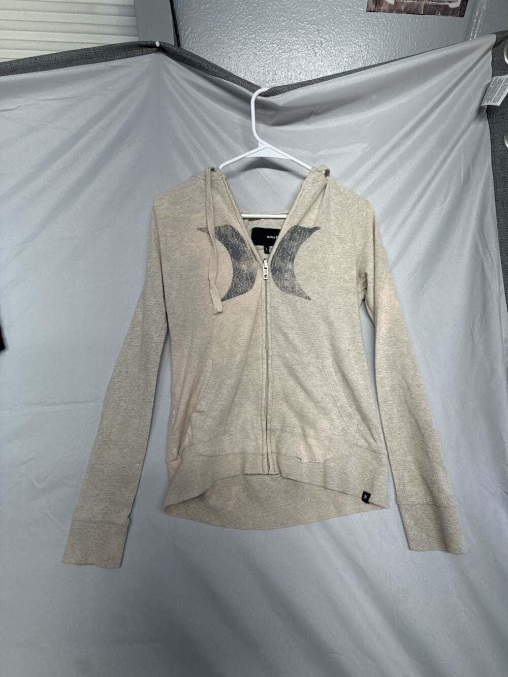 Y2K Hurley Full Zip Hoodie Size L Beige Thermal Icon Logo